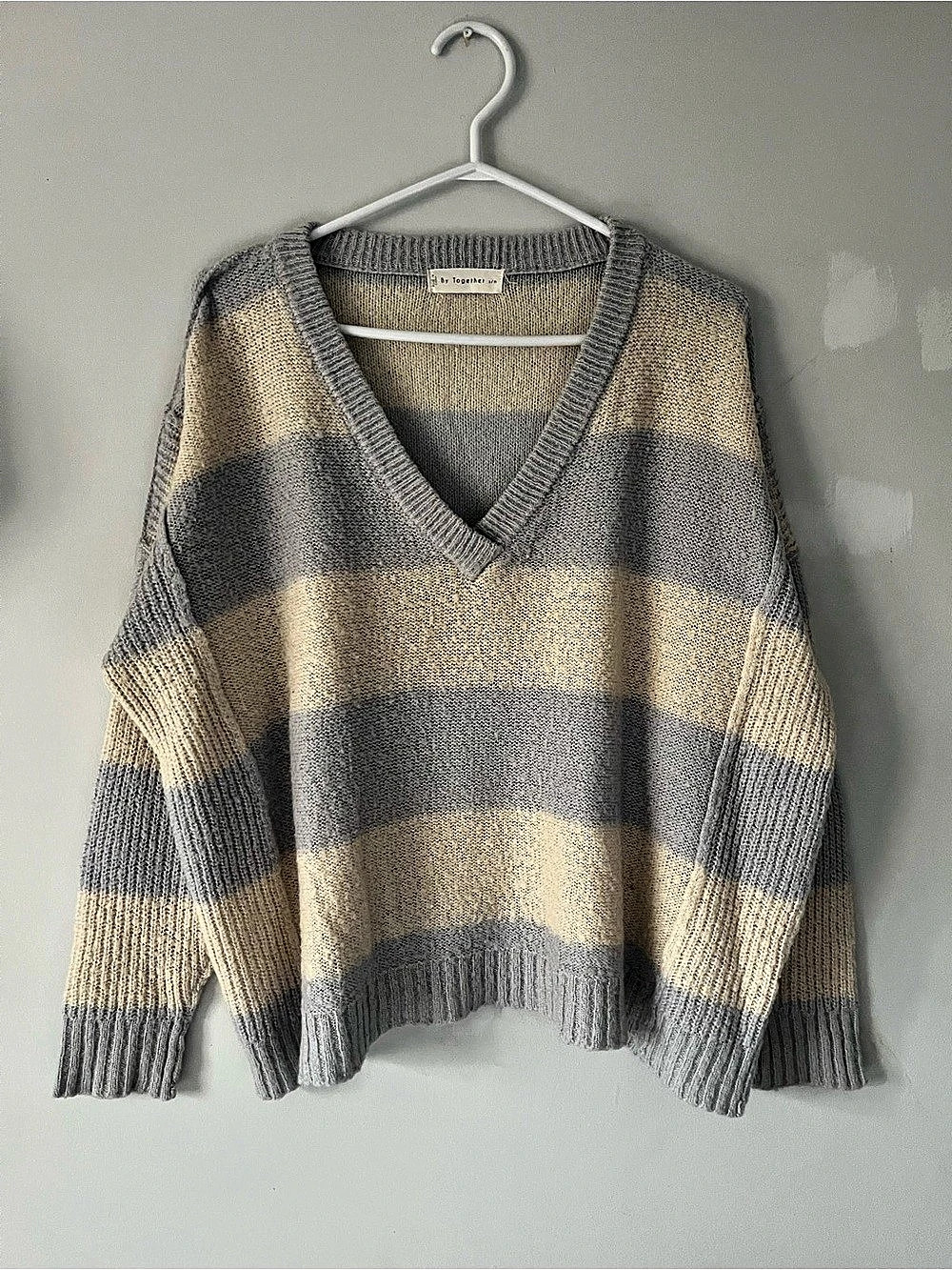 By Together Striped V-Neck Sweater in baby blue & Beige Size S/M slouchy comfy